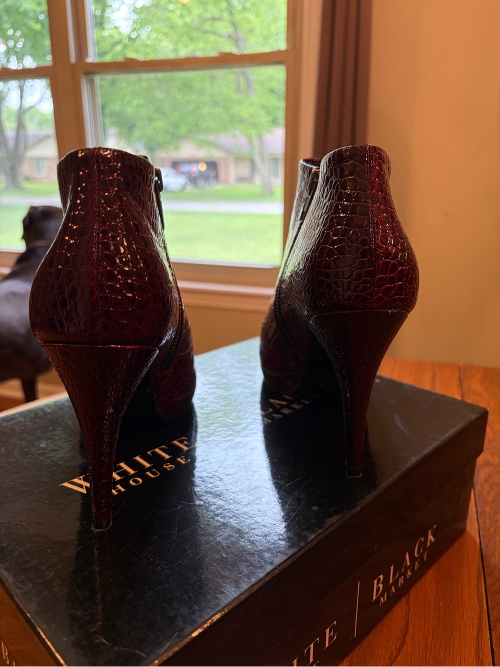 White House Black Market Burgundy Croc-Embossed Peep-Toe Booties - Picture 4 of 7